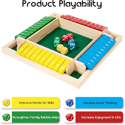 Shut The Box Game: 2-6 Player Wooden Board Math Game with 2-12 Dice | Educational Family Night Entertainment | Classic Pub Style | Funny Family Board Games (Colorful-Square 4 Players)