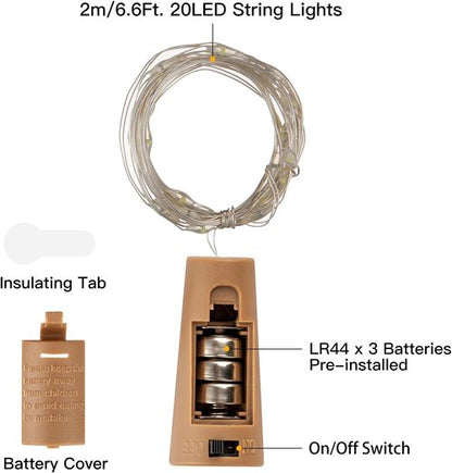 Brightown Wine Bottle Lights - 20 Pack LED Waterproof Cork Lights | Silver Wire Mini Fairy Lights for Parties & Weddings