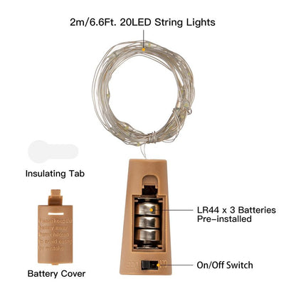 Brightown Wine Bottle Lights with Cork, 20 Pack 20 LED Waterproof Battery Operated Cork Lights, Silver Wire Mini Fairy Lights for Liquor Bottles DIY Party Bar Christmas Holiday Wedding Décor