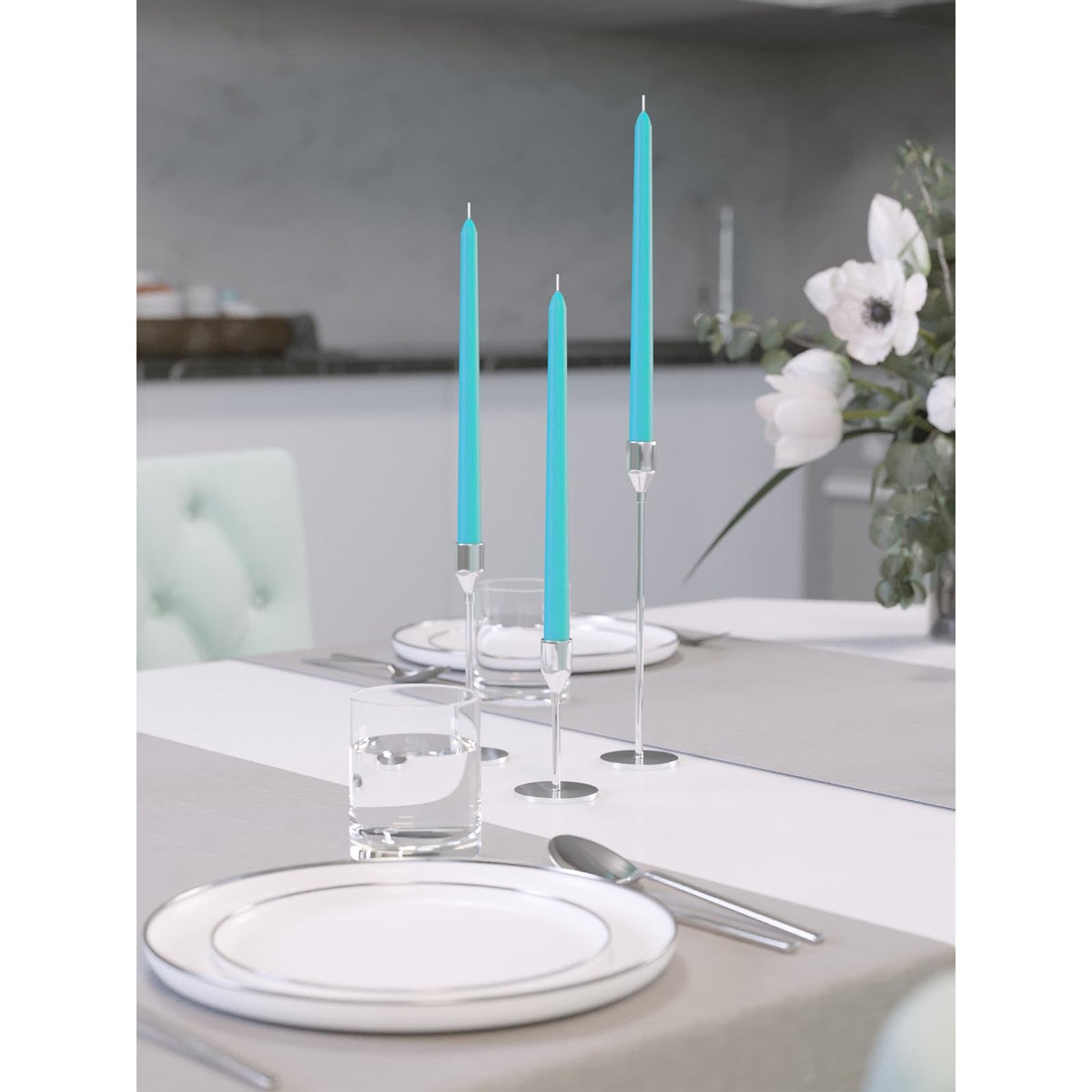 CANDWAX 12 inch Turquoise Taper Candles Pack of 4 - Unscented Smokeless Dripless Teal Candlesticks - Perfect for Holidays, Ordinary Dinners and Special Occasions - Tall Taper Candles