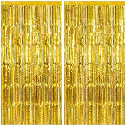 Skiennix Gold Fringe Curtain Backdrop - 2 Pack Tinsel Streamers for Party Decorations | Photo Booth & Events