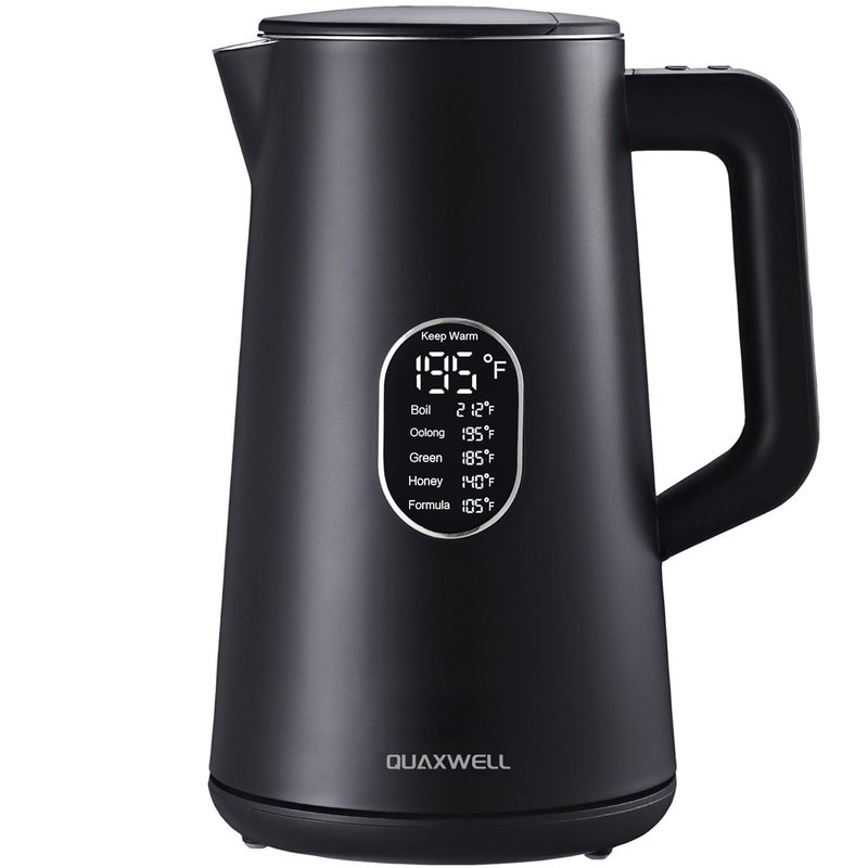 QUAXWELL 1.5L Electric Kettle Stainless Steel, Double Wall Cool Touch Teapot, Fast Boil, Precise Temperature Control, LCD Display, Auto Shut-Off, BPA-Free,Keep Warm Function, Ideal for Tea,Black