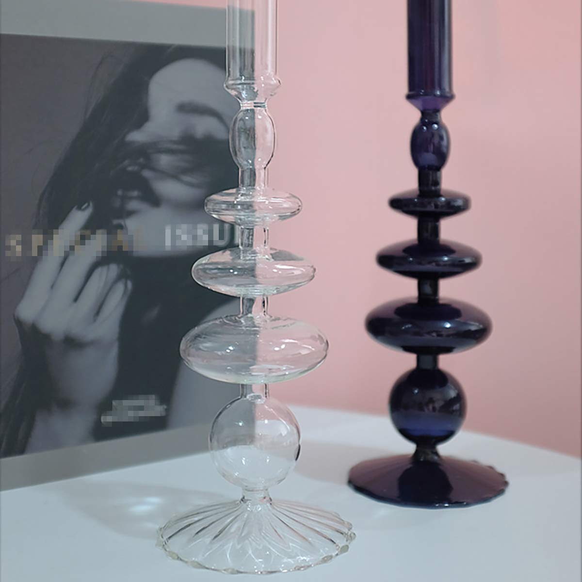 LKXHarleya Glass Candlesticks Holders, Retro Glass Candle Holder for Taper Candle Table Centerpiece Wedding Party Home Decoration, Black