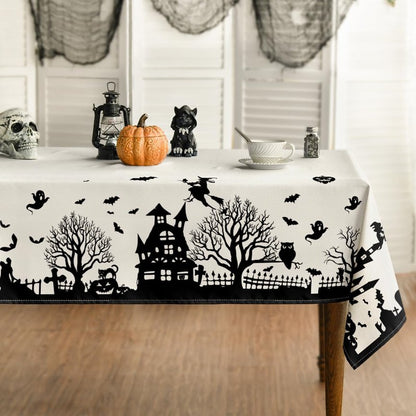 Horaldaily Halloween Tablecloth 52×70 Inch Rectangular, Castle Tree Scary Themed Washable Table Cover for Party Picnic Dinner Decor