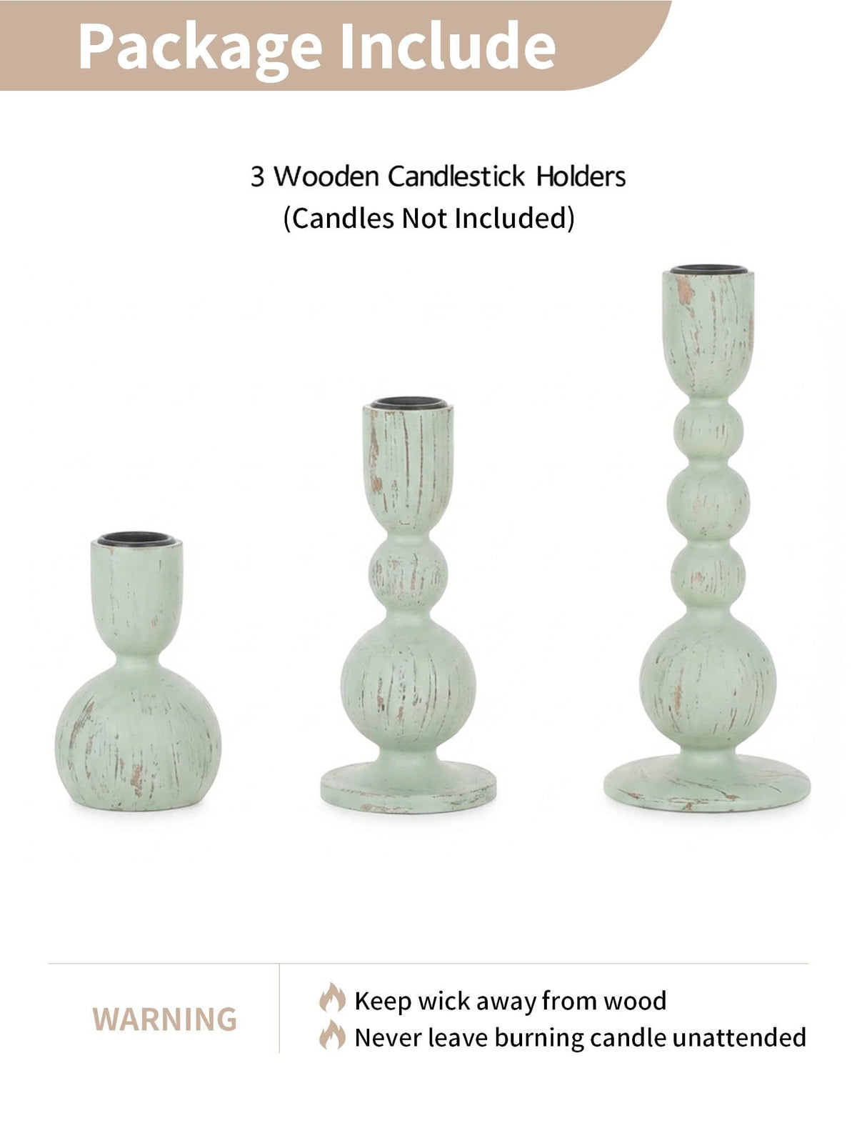 NUPTIO Candle Stick Holders Decor: Set of 3 Farmhouse Wooden Taper Candle Holders - Rustic Sage Green for Home Coffee Dinner Table