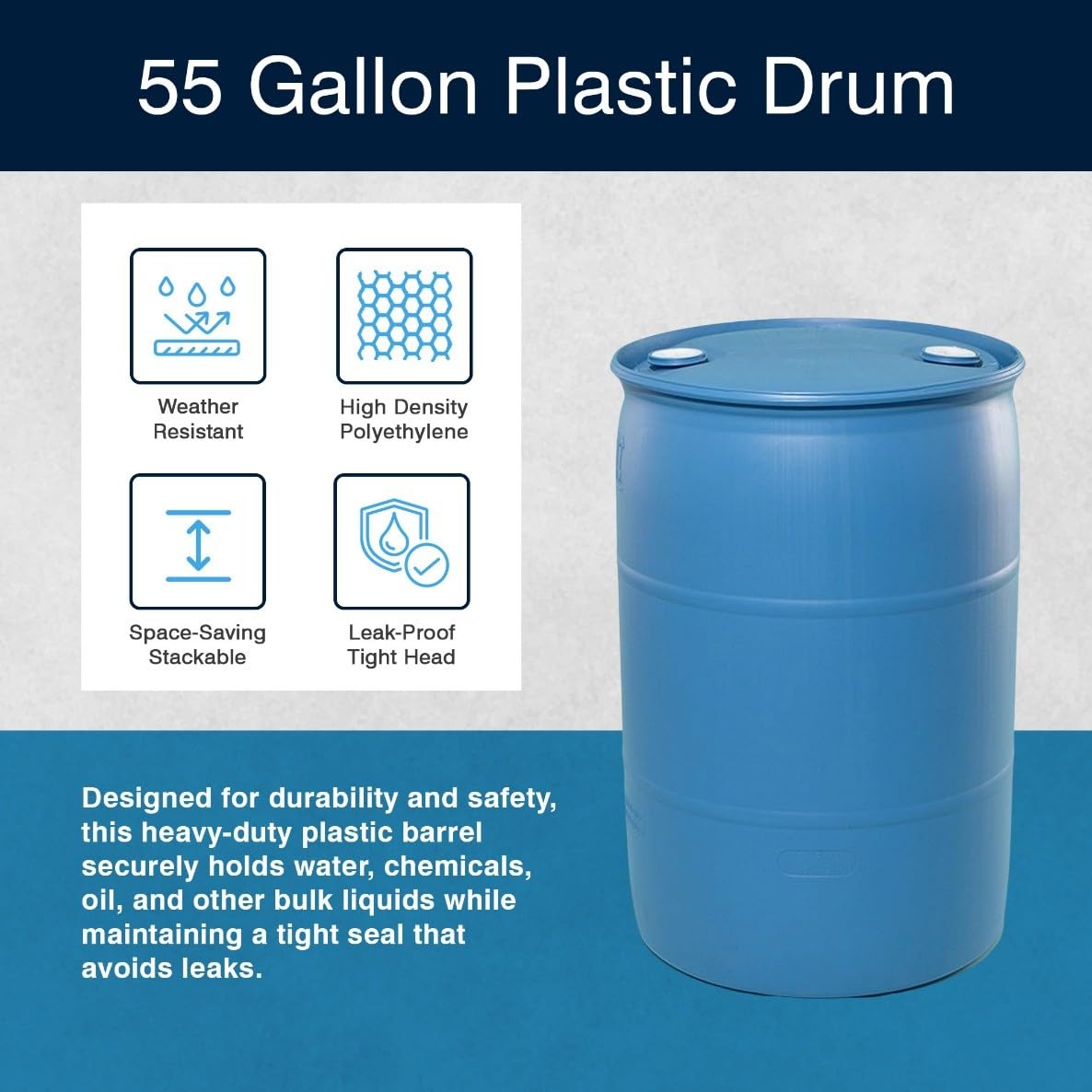 Bushman 55 Gallon Stackable Tight Head Drum - Closed Lid Blue