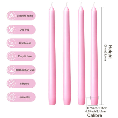 Everymoment Pink Taper Candles - 12 Pack 10 Inch Candlesticks - Dripless & Smokeless for 8 Hours - Unscented Paraffin Wax - Ideal for Wedding Mother’s Day Valentine's Day Baby Shower & Romantic Decor