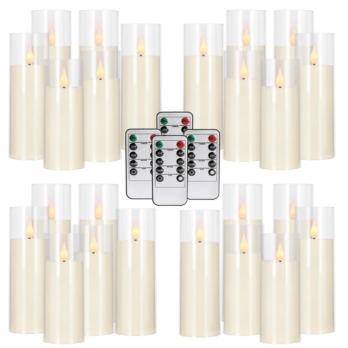 CAKETYCG 24-Pack LED Flameless Candles(14/16/18cm) with 4 Timers Remote - 3D Flickering Flame, Clear, Perfect Decor for Home & Events.