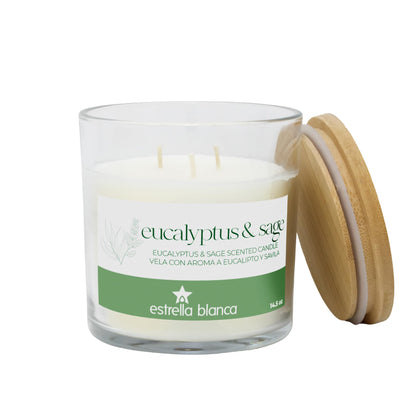 Estrella Blanca Eucalyptus Sage Scented Candles, 14.5 oz 3 Wick Candle, Large Jar, Long Lasting Burn, Fresh Herbal Aroma for Relaxation, Spa, Home Décor, Living Room, Bedroom, or Gift
