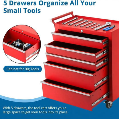 ExploreHorizon 5-Drawer Tool Chest Cabinet with Wheels, Rolling Metal Tool Cart with Sliding Drawers and Protective Liner,Keyed Locking System for Garage,Workshop,Repair Shop,Red