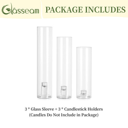 Glasseam Hurricane Taper Candle Holders: Set of 3 Glass Candlestick Holders with Clear Tall Cylinder Candle Sleeves for Centerpiece Table Outdoor Wedding Home Decor 9.84''/11.84''/13.78''