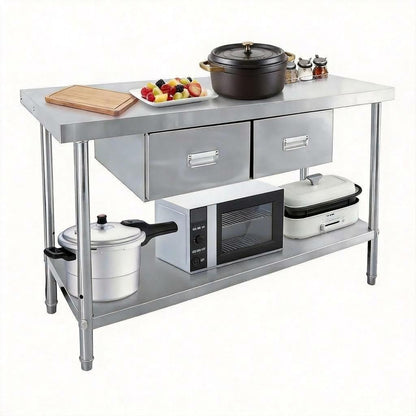 Stainless Steel Table with 2 Drawers, 48" x 24" Prep Table for Commercial Kitchen, Heavy-Duty NSF Work Tables Workbench with Adjustable Undershelf for Home Kitchen Restaurant Garage Warehouse