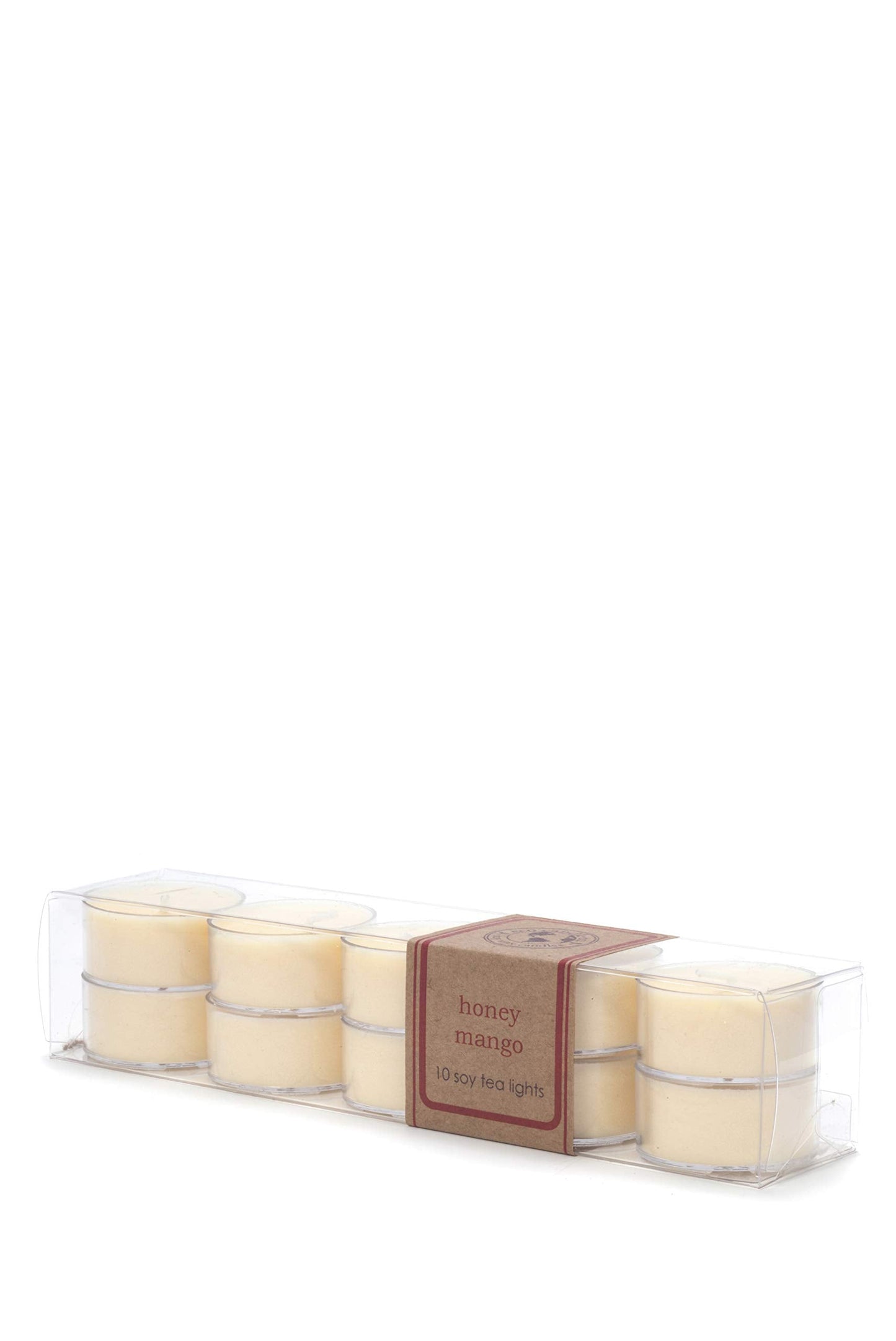 Eco Candle Co. Tea Light Candles, Honey Mango, 10-Pack - Scents of Mango, Honey, & Papaya - Recyclable Plastic Cups, 100% Soy Wax, No Lead, Hand Poured, Made from Midwest Grown Soybeans, .6 oz. Each