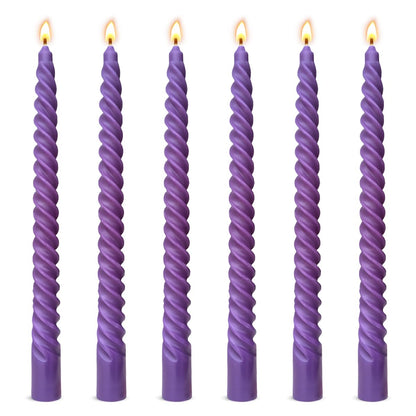 6 Pack 10 Inch Purple Spiral Taper Candles for Celebrations and Religious Ceremonies, Unscented Dripless Twisted Candlesticks for Dinner Decorative Accents Relaxation and Meditation