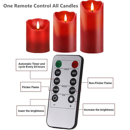 Gbateri 3 PCS Red Flickering Flameless Candles - Dripless Real Wax Pillar LED Candle Lights - Battery Operated Candles - Dancing Electronic Candles Set with Remote Control and Timer for Decoration Use