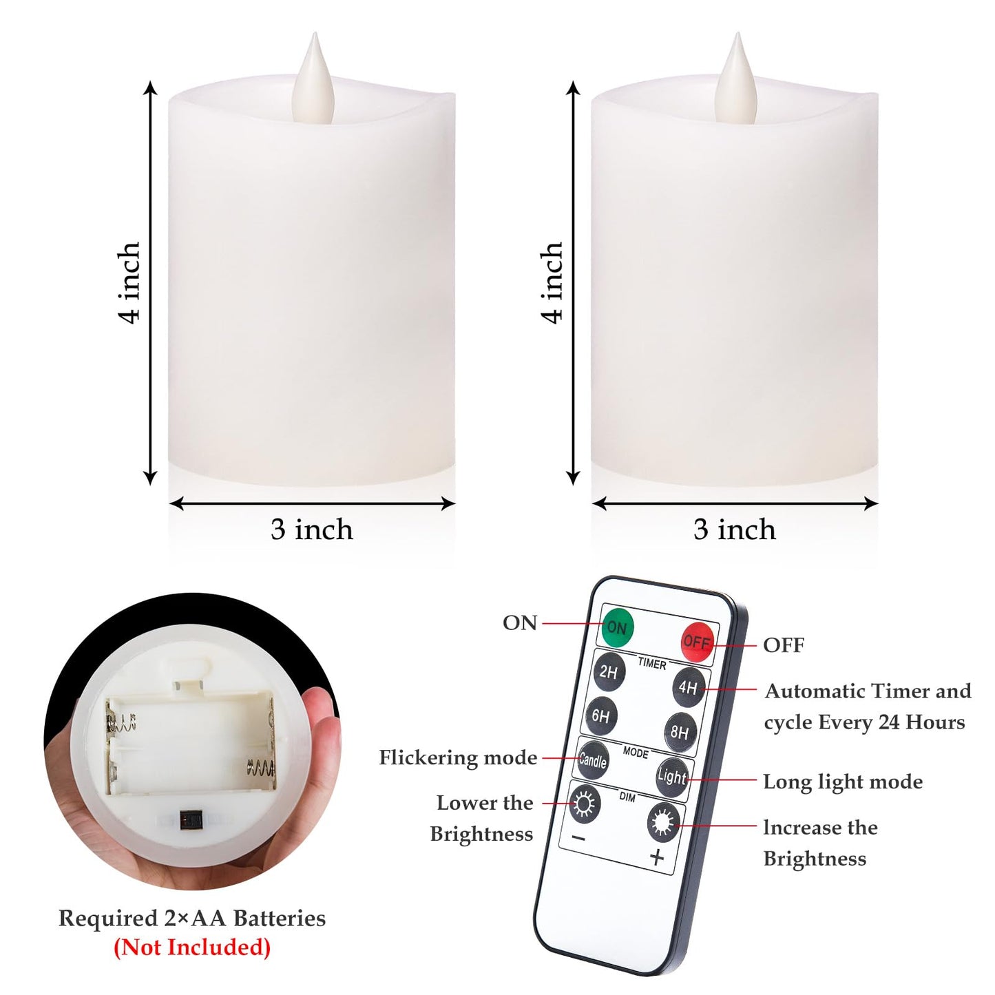 Woocodowe 3"x4" Flickering Flameless Battery Candles with Timer, White Realistic LED Pillar Candles, Set of 2 Large Remote-Operated Candles for Home Indoor/Outdoor & Holiday Decor