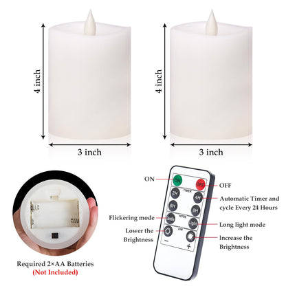 Woocodowe 3"x4" Flickering Flameless Battery Candles with Timer, White Realistic LED Pillar Candles, Set of 2 Large Remote-Operated Candles for Home Indoor/Outdoor & Holiday Decor