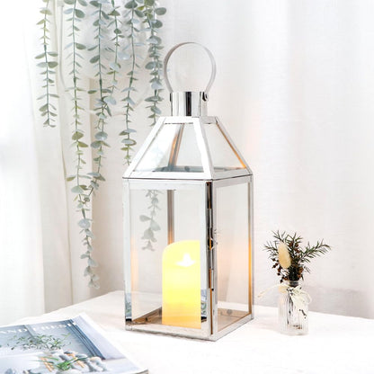 JHY Design Silver Decorative Lanterns 16inch High Stainless Steel Candle Lanterns with Tempered Glass for Indoor Outdoor Events Parities and Weddings