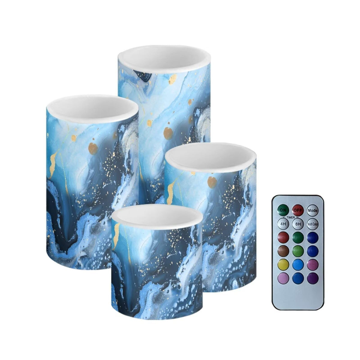 NETILGEN Home Party Decorative Flameless Candles with Timer Remote Control LED Pillar Color Changing Candles Set of 4 Blue Marble Print