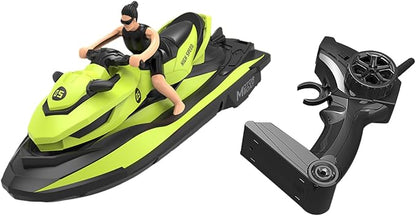 2.4 GHz RC Motorboat Dual-Motor 10 km/h High-Speed Electric Racing Jet Ski Toy 50 m Control Range 20 min Play Low-Battery Alarm Distachable Driver Figure for Kids &amp Adults (Green)