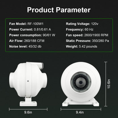 Dcfairfan 4 Inch Radon Fan, Quiet 2 Speed 260/188CFM Radon Mitigation System Inline Duct Fan IP67 Waterproof, High Airflow Exhaust Fan for Indoor Outdoor Air Ventilation