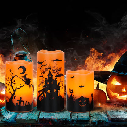 Lasumora Halloween Flameless Candles with 6-Hour Timer, Battery Operated Orange LED Pillar Candles Flickering Real Wax, Witch, Bats, Castle Decals Set of 3 for Halloween Decorations, D3”x H4” 5” 6”