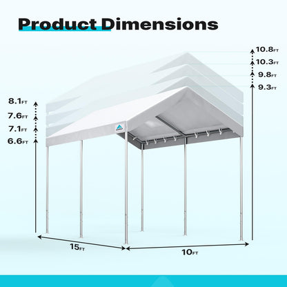 ADVANCE OUTDOOR 10x15 ft Heavy Duty Carport Potable Car Canopy Garage Party Tent Boat Shelter, Adjustable Height from 9.5 ft to 11 ft, White