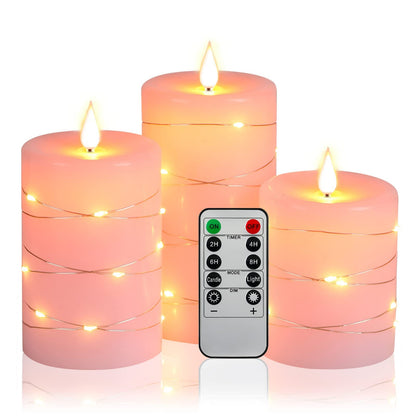 Upinmz Flickering Flameless Candles with Embedded String Lights, Battery Operated Candles with Remote Control and Timer,LED Candles for Home Decoration,Real Wax, 3 Pack Pink