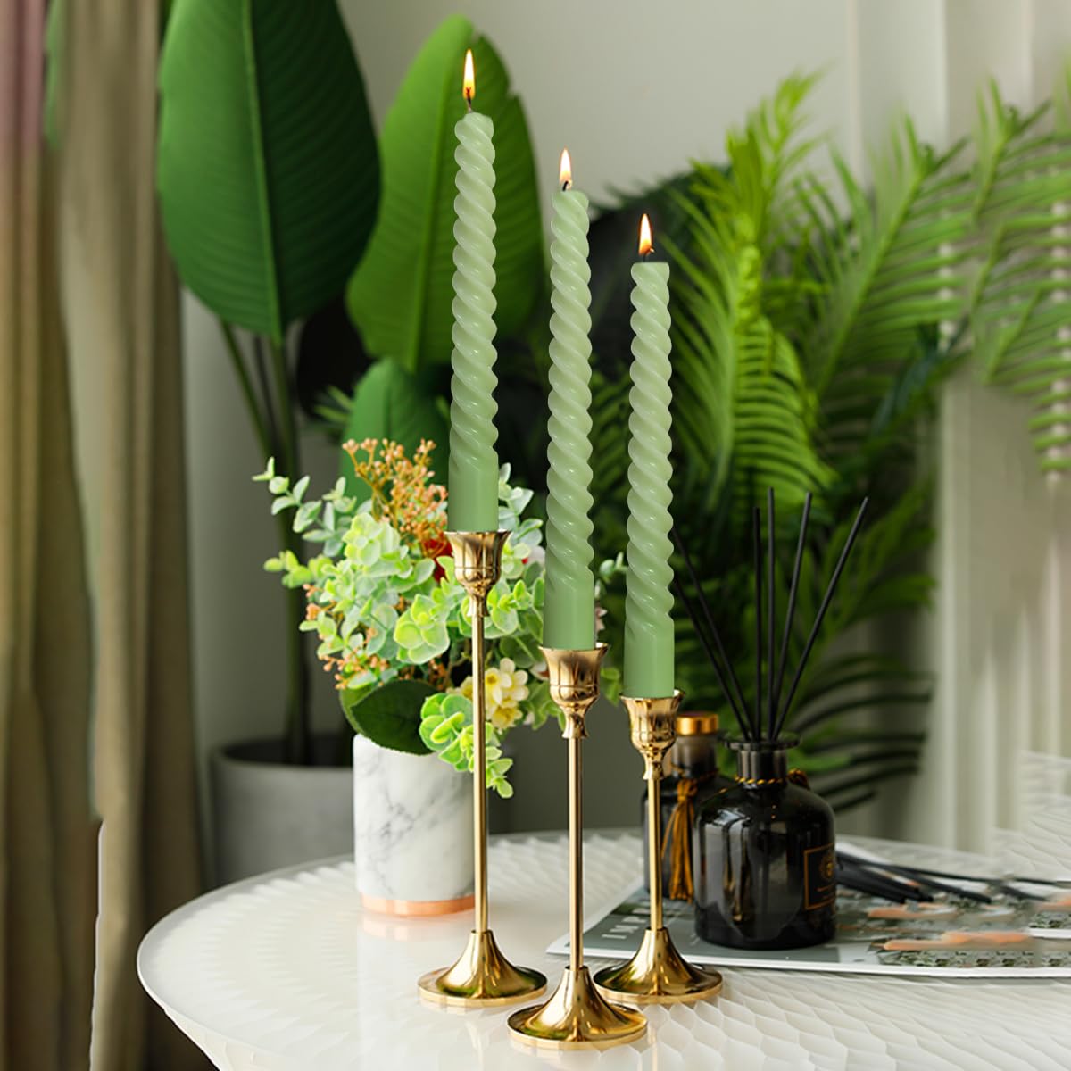 6 Pack 10 Inch Sage-Green Spiral Taper Candles for Christmas and Spring Home Decoration, Unscented Dripless Twisted Candlesticks for Dinner St. Patrick's Day Earth Day and Garden Parties