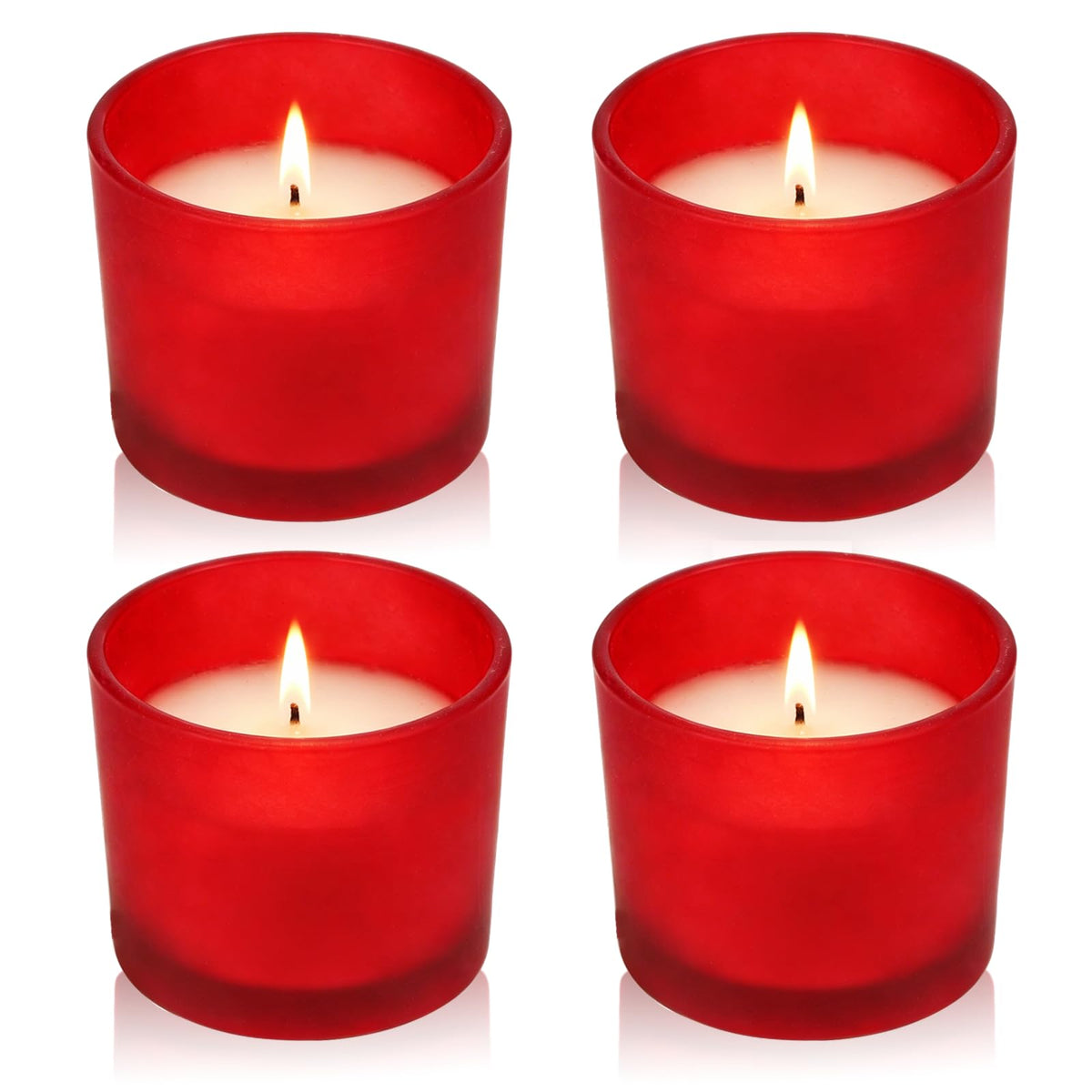 Set of 4 White Unscented Soy Candles, Red Glass Filled Votive Candles, Hand Poured Wax Candle for Home Décor Aromatherapy Spa Holidays Party and Weddings