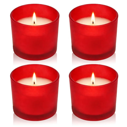 Set of 4 White Unscented Soy Candles, Red Glass Filled Votive Candles, Hand Poured Wax Candle for Home Décor Aromatherapy Spa Holidays Party and Weddings