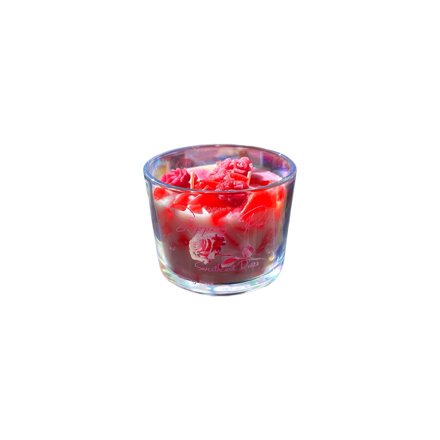 Slippery Peaks Sweetheart Roses Scented Glass Candle, Red and White Design, Decorative Rose Pattern