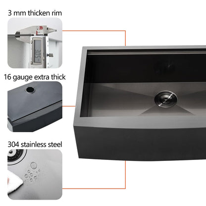 HOTIS 33 Inch Black Farmhouse Sink, Undermount Gunmetal Black Workstation Apron Front Kitchen Sink, 33 x 22 Stainless Steel Farm Sink 16 Gauge 9 Deep Single Bowl Kitchen Sink with Cutting Board
