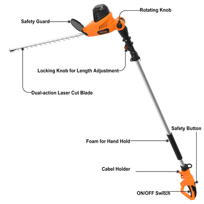 GARCARE Electric Hedge Trimmers, Corded 4.8A Pole Hedge Trimmer with 18 inch Laser Cut Blade