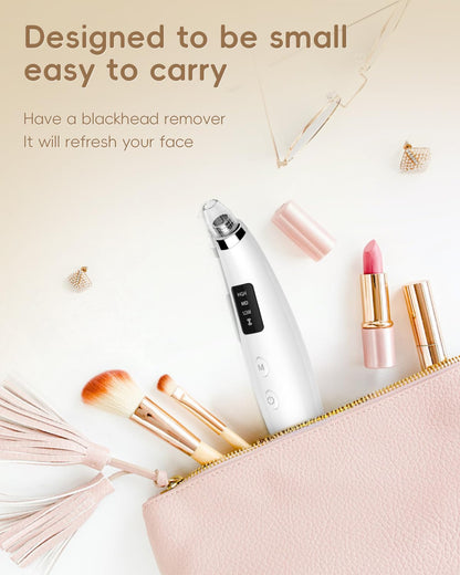 Facial Pore Blackhead Remover Vacuum - Fore Cleaner and Blackhead Extractor with 3 Adjustable Suction Levels - 5 Probes - Pore Vacuum Kit for Women&Men (White)