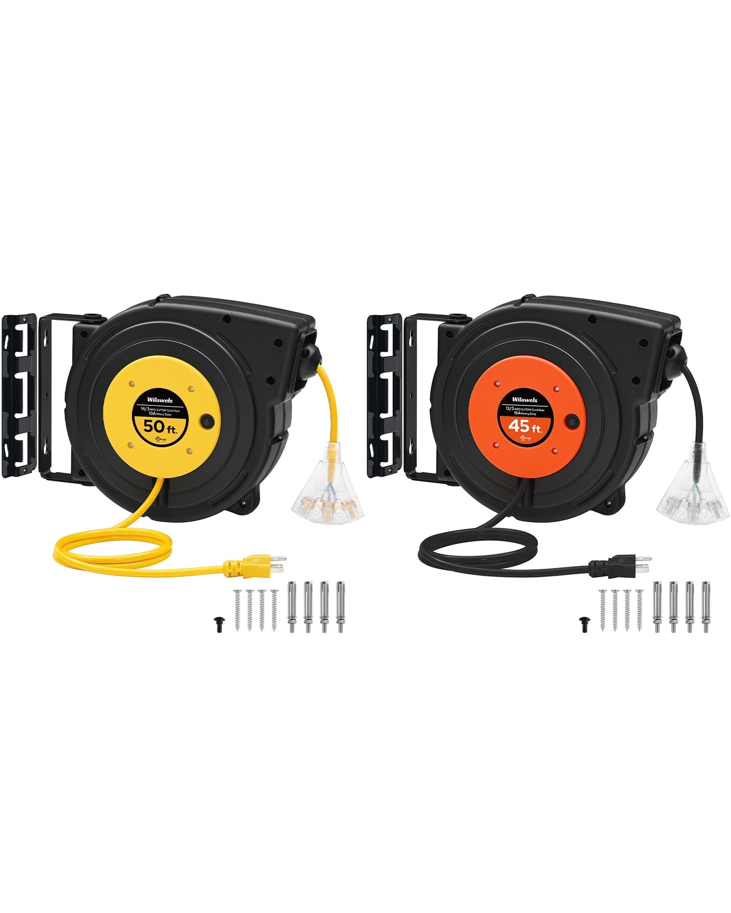 WILAWELS 50 FT 14AWG/3C SJTOW and 45 FT 12AWG/3C SJTOW Retractable Extension Cord Reel Bundle, Heavy Duty Power Cord, 3 Grounded Outlets Lighted Triple Tap, Y50CR06-B45CR06