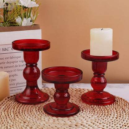 BTGLLAS 3-Piece Set of Red Glass Candlestick, Crystal Candlestick Holder Holder and Conical Candle, Christmas Candle Holder Decoration, Family Living Room Wedding Candle Holder (red1set)