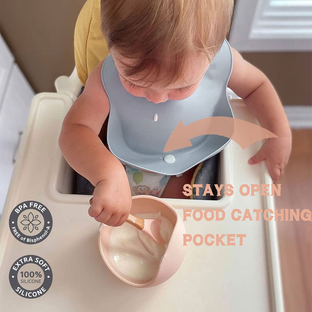 Ginbear Silicone Bibs for Babies Girl, Waterproof Adjustable Silicon Rubber Baby Feeding Bibs with Food Catcher Pocket for Toddlers 6 Months+ (Mauve/Baby Pink)
