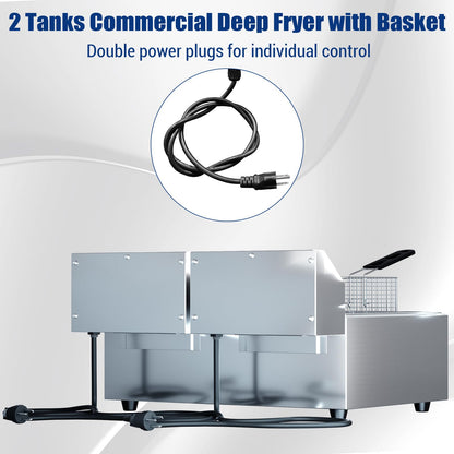 23 QT Commercial Deep Fryer with Double Baskets and Lid, Electric Stainless Steel Countertop Commercial Oil Fryer, Adjustable Temperature Control, for Kitchen and Restaurant