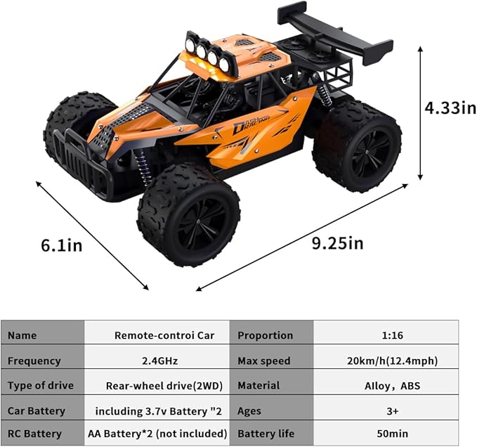 Remote Control Car Monster Truck Toys 1:16 Scale RC Car For Boys 2.4GHz High Speed 20 km/h With LED HeadlightsRechargeable RC Cars Gifts for Boys 4-7 8-12 Christmas Beginner Kids 6-12+(Orange)