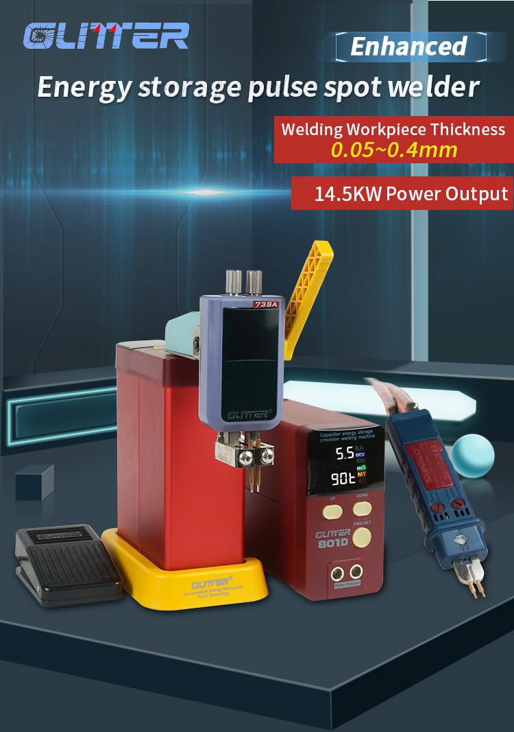 GLITTER 801D 14500W Capacitor Spot Welder：2500A High Power Pulse Battery Welding Machine for 18650 Lithium Battery Pack DIY Assembly & Repair, Professional Energy Storage Welder with Handheld Pen