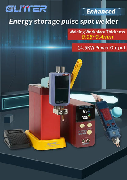 GLITTER 801D 14500W Capacitor Spot Welder：2500A High Power Pulse Battery Welding Machine for 18650 Lithium Battery Pack DIY Assembly & Repair, Professional Energy Storage Welder with Handheld Pen