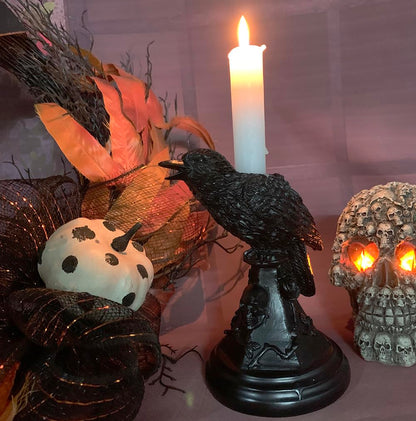 Gothic Decor Halloween Raven Candle Holder Crow Statue – Witchy Occult Home Décor,Skull Spooky Tabletop Furniture(Raven)