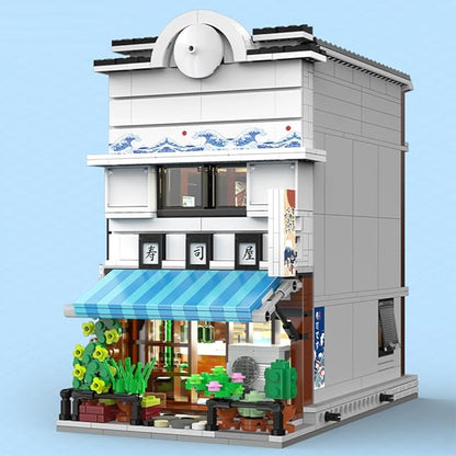 Japanese Sushi House Architecture Building Blocks Set – 1665PCS Creative Street View Model with Lighting &amp 1 People Creative Construction Shop House City View Birthday Gift for Adult