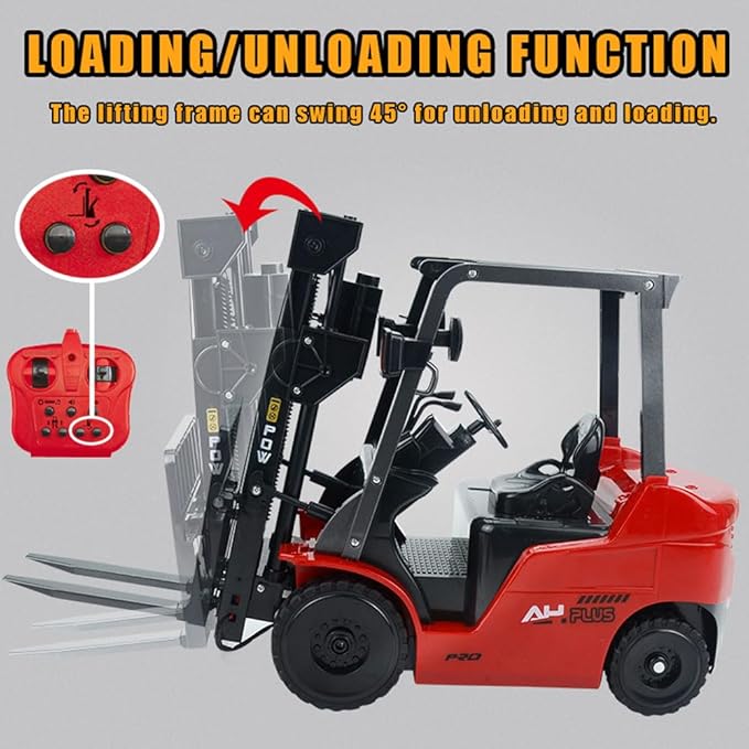 RC Forklift 11 Channel Red Remote Control Forklift 1/8 2.4G Fully Functional Construction Vehicle with Metal Carrier Slab with Lights Sound Warehouse Engineering Truck Heavy Equipment