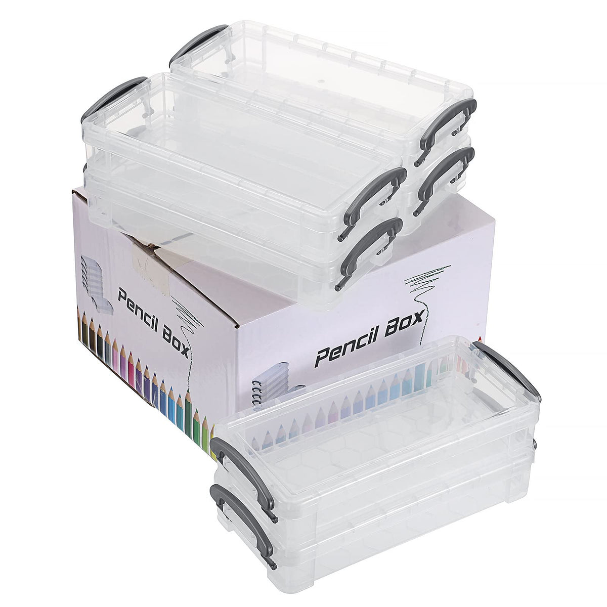 BTSKY Large Capacity Pencil Box, Office Supplies Storage Organizer Box, Brush Painting Pencils Storage Box Watercolor Pen Container Drawing Tools(6 Pack Clear)