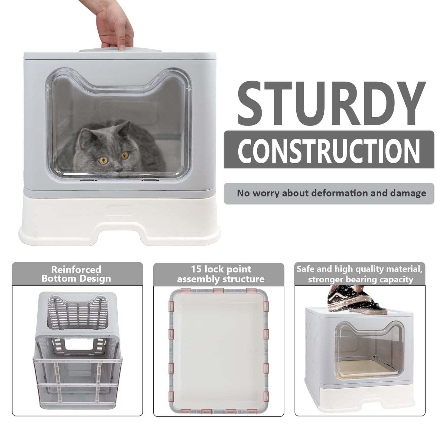 Foldable Cat Litter Box with Lid, Enclosed Potty, Large Top Entry Anti-Splashing Toilet, Easy to Clean Including Litter Scoop and 2-in-1 Cleaning Brush (Grey)