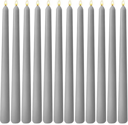 10-Inch Gray Taper Candles, 12 Pack Unscented and Dripless Candlesticks, Long-Lasting Burn Time of 7-8 Hours, Perfect for Home Décor, Weddings, and Events