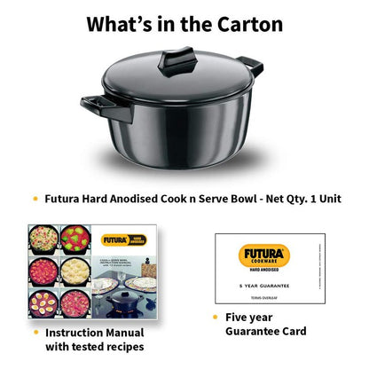 Hawkins Futura 4 Litre Cook n Serve Bowl, Hard Anodised Saucepan with Hard Anodised Lid, Sauce Pan for Cooking and Serving, Black (ACB40), Aluminium