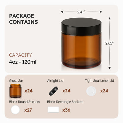 4 oz Glass Jars with Lids, 24 Pack Amber Small Glass Jars with Black Lids Leakproof Round Airtight Empty Cosmetic Travel Containers with Inner Liners For Lotions Powders and Candle Making